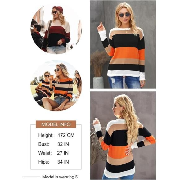 Round Neck Striped Fall Sweater - Cute Trendy Winter Pullover with Drawstring 20 - Picture 4 of 7